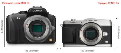 Größenvergleich: Panasonic Lumix DMC-G3 vs. OM System PEN E-P5 Größenvergleich: Panasonic Lumix DMC-G3 vs. OM System PEN E-P5