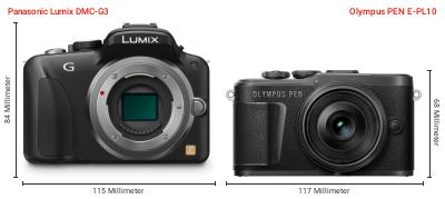 Größenvergleich: Panasonic Lumix DMC-G3 vs. OM System PEN E-PL10 Größenvergleich: Panasonic Lumix DMC-G3 vs. OM System PEN E-PL10
