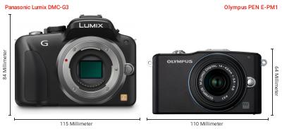 Größenvergleich: Panasonic Lumix DMC-G3 vs. OM System PEN E-PM1 Größenvergleich: Panasonic Lumix DMC-G3 vs. OM System PEN E-PM1