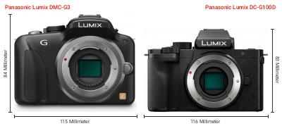 Größenvergleich: Panasonic Lumix DMC-G3 vs. Panasonic Lumix DC-G100D Größenvergleich: Panasonic Lumix DMC-G3 vs. Panasonic Lumix DC-G100D