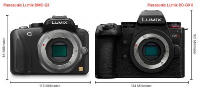 Größenvergleich: Panasonic Lumix DMC-G3 vs. Panasonic Lumix DC-G9 II Größenvergleich: Panasonic Lumix DMC-G3 vs. Panasonic Lumix DC-G9 II