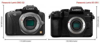 Größenvergleich: Panasonic Lumix DMC-G3 vs. Panasonic Lumix DC-G91 Größenvergleich: Panasonic Lumix DMC-G3 vs. Panasonic Lumix DC-G91