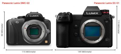 Größenvergleich: Panasonic Lumix DMC-G3 vs. Panasonic Lumix DC-S1 Größenvergleich: Panasonic Lumix DMC-G3 vs. Panasonic Lumix DC-S1