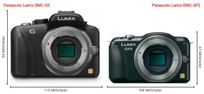Größenvergleich: Panasonic Lumix DMC-G3 vs. Panasonic Lumix DMC-GF5 Größenvergleich: Panasonic Lumix DMC-G3 vs. Panasonic Lumix DMC-GF5