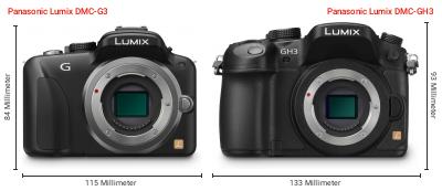 Größenvergleich: Panasonic Lumix DMC-G3 vs. Panasonic Lumix DMC-GH3 Größenvergleich: Panasonic Lumix DMC-G3 vs. Panasonic Lumix DMC-GH3