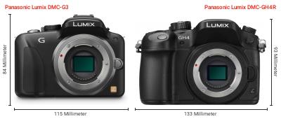Größenvergleich: Panasonic Lumix DMC-G3 vs. Panasonic Lumix DMC-GH4R Größenvergleich: Panasonic Lumix DMC-G3 vs. Panasonic Lumix DMC-GH4R