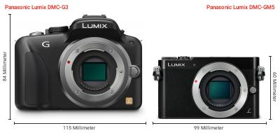 Größenvergleich: Panasonic Lumix DMC-G3 vs. Panasonic Lumix DMC-GM5 Größenvergleich: Panasonic Lumix DMC-G3 vs. Panasonic Lumix DMC-GM5