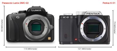Größenvergleich: Panasonic Lumix DMC-G3 vs. Pentax K-01 Größenvergleich: Panasonic Lumix DMC-G3 vs. Pentax K-01