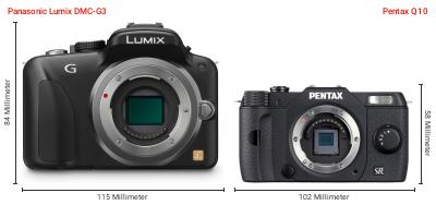 Größenvergleich: Panasonic Lumix DMC-G3 vs. Pentax Q10 Größenvergleich: Panasonic Lumix DMC-G3 vs. Pentax Q10