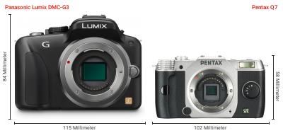 Größenvergleich: Panasonic Lumix DMC-G3 vs. Pentax Q7