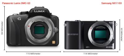 Größenvergleich: Panasonic Lumix DMC-G3 vs. Samsung NX1100 Größenvergleich: Panasonic Lumix DMC-G3 vs. Samsung NX1100