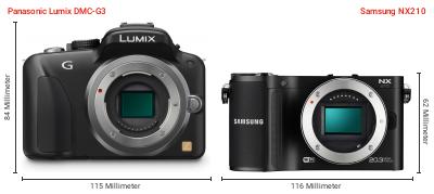 Größenvergleich: Panasonic Lumix DMC-G3 vs. Samsung NX210 Größenvergleich: Panasonic Lumix DMC-G3 vs. Samsung NX210
