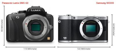 Größenvergleich: Panasonic Lumix DMC-G3 vs. Samsung NX300