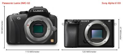 Größenvergleich: Panasonic Lumix DMC-G3 vs. Sony Alpha 6100 Größenvergleich: Panasonic Lumix DMC-G3 vs. Sony Alpha 6100