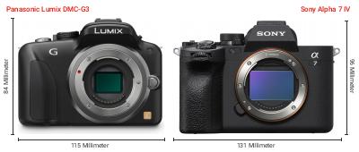 Größenvergleich: Panasonic Lumix DMC-G3 vs. Sony Alpha 7 IV Größenvergleich: Panasonic Lumix DMC-G3 vs. Sony Alpha 7 IV