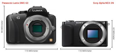 Größenvergleich: Panasonic Lumix DMC-G3 vs. Sony Alpha NEX-3N Größenvergleich: Panasonic Lumix DMC-G3 vs. Sony Alpha NEX-3N