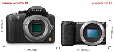 Größenvergleich: Panasonic Lumix DMC-G3 vs. Sony Alpha NEX-5R Größenvergleich: Panasonic Lumix DMC-G3 vs. Sony Alpha NEX-5R