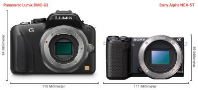 Größenvergleich: Panasonic Lumix DMC-G3 vs. Sony Alpha NEX-5T Größenvergleich: Panasonic Lumix DMC-G3 vs. Sony Alpha NEX-5T