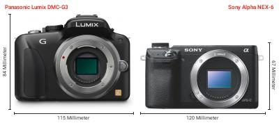 Größenvergleich: Panasonic Lumix DMC-G3 vs. Sony Alpha NEX-6 Größenvergleich: Panasonic Lumix DMC-G3 vs. Sony Alpha NEX-6