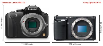 Größenvergleich: Panasonic Lumix DMC-G3 vs. Sony Alpha NEX-F3 Größenvergleich: Panasonic Lumix DMC-G3 vs. Sony Alpha NEX-F3