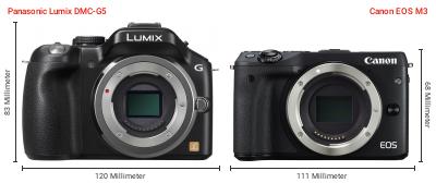 Größenvergleich: Panasonic Lumix DMC-G5 vs. Canon EOS M3 Größenvergleich: Panasonic Lumix DMC-G5 vs. Canon EOS M3
