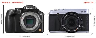 Größenvergleich: Panasonic Lumix DMC-G5 vs. Fujifilm X-E1 Größenvergleich: Panasonic Lumix DMC-G5 vs. Fujifilm X-E1