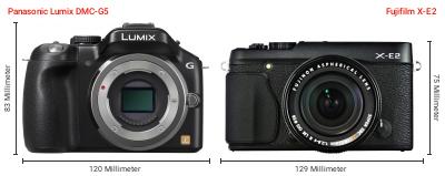 Größenvergleich: Panasonic Lumix DMC-G5 vs. Fujifilm X-E2 Größenvergleich: Panasonic Lumix DMC-G5 vs. Fujifilm X-E2