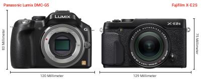 Größenvergleich: Panasonic Lumix DMC-G5 vs. Fujifilm X-E2S Größenvergleich: Panasonic Lumix DMC-G5 vs. Fujifilm X-E2S