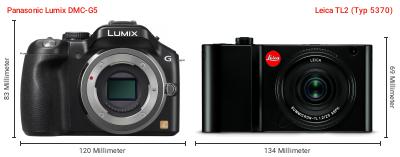 Größenvergleich: Panasonic Lumix DMC-G5 vs. Leica TL2 (Typ 5370) Größenvergleich: Panasonic Lumix DMC-G5 vs. Leica TL2 (Typ 5370)
