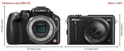 Größenvergleich: Panasonic Lumix DMC-G5 vs. Nikon 1 AW1 Größenvergleich: Panasonic Lumix DMC-G5 vs. Nikon 1 AW1