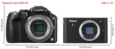 Größenvergleich: Panasonic Lumix DMC-G5 vs. Nikon 1 J2 Größenvergleich: Panasonic Lumix DMC-G5 vs. Nikon 1 J2