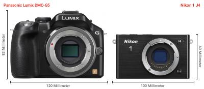 Größenvergleich: Panasonic Lumix DMC-G5 vs. Nikon 1 J4 Größenvergleich: Panasonic Lumix DMC-G5 vs. Nikon 1 J4