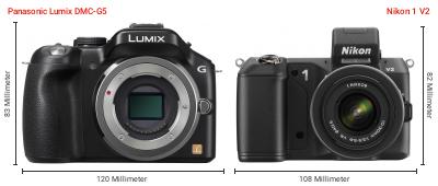 Größenvergleich: Panasonic Lumix DMC-G5 vs. Nikon 1 V2 Größenvergleich: Panasonic Lumix DMC-G5 vs. Nikon 1 V2