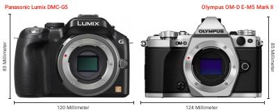 Größenvergleich: Panasonic Lumix DMC-G5 vs. OM System OM-D E-M5 Mark II