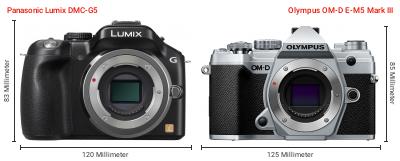 Größenvergleich: Panasonic Lumix DMC-G5 vs. OM System OM-D E-M5 Mark III Größenvergleich: Panasonic Lumix DMC-G5 vs. OM System OM-D E-M5 Mark III