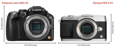 Größenvergleich: Panasonic Lumix DMC-G5 vs. OM System PEN E-P5 Größenvergleich: Panasonic Lumix DMC-G5 vs. OM System PEN E-P5