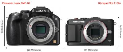 Größenvergleich: Panasonic Lumix DMC-G5 vs. OM System PEN E-PL6 Größenvergleich: Panasonic Lumix DMC-G5 vs. OM System PEN E-PL6