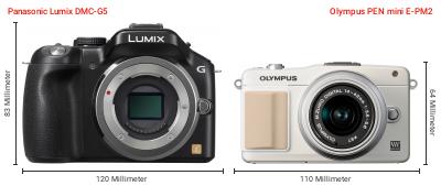 Größenvergleich: Panasonic Lumix DMC-G5 vs. OM System PEN mini E-PM2 Größenvergleich: Panasonic Lumix DMC-G5 vs. OM System PEN mini E-PM2