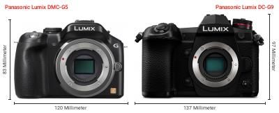 Größenvergleich: Panasonic Lumix DMC-G5 vs. Panasonic Lumix DC-G9 Größenvergleich: Panasonic Lumix DMC-G5 vs. Panasonic Lumix DC-G9