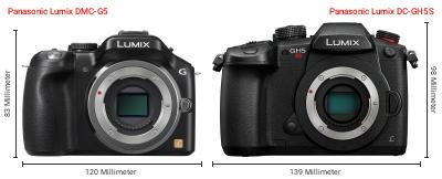 Größenvergleich: Panasonic Lumix DMC-G5 vs. Panasonic Lumix DC-GH5S Größenvergleich: Panasonic Lumix DMC-G5 vs. Panasonic Lumix DC-GH5S