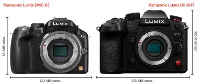 Größenvergleich: Panasonic Lumix DMC-G5 vs. Panasonic Lumix DC-GH7 Größenvergleich: Panasonic Lumix DMC-G5 vs. Panasonic Lumix DC-GH7