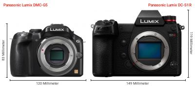 Größenvergleich: Panasonic Lumix DMC-G5 vs. Panasonic Lumix DC-S1R Größenvergleich: Panasonic Lumix DMC-G5 vs. Panasonic Lumix DC-S1R