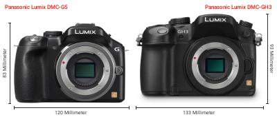 Größenvergleich: Panasonic Lumix DMC-G5 vs. Panasonic Lumix DMC-GH3 Größenvergleich: Panasonic Lumix DMC-G5 vs. Panasonic Lumix DMC-GH3