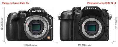 Größenvergleich: Panasonic Lumix DMC-G5 vs. Panasonic Lumix DMC-GH4 Größenvergleich: Panasonic Lumix DMC-G5 vs. Panasonic Lumix DMC-GH4
