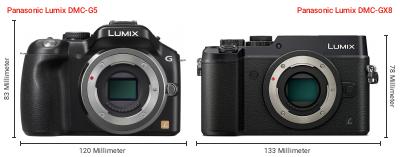 Größenvergleich: Panasonic Lumix DMC-G5 vs. Panasonic Lumix DMC-GX8 Größenvergleich: Panasonic Lumix DMC-G5 vs. Panasonic Lumix DMC-GX8