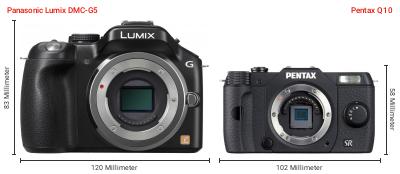 Größenvergleich: Panasonic Lumix DMC-G5 vs. Pentax Q10 Größenvergleich: Panasonic Lumix DMC-G5 vs. Pentax Q10
