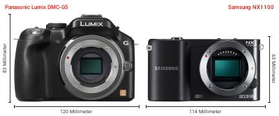 Größenvergleich: Panasonic Lumix DMC-G5 vs. Samsung NX1100 Größenvergleich: Panasonic Lumix DMC-G5 vs. Samsung NX1100