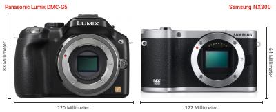 Größenvergleich: Panasonic Lumix DMC-G5 vs. Samsung NX300 Größenvergleich: Panasonic Lumix DMC-G5 vs. Samsung NX300