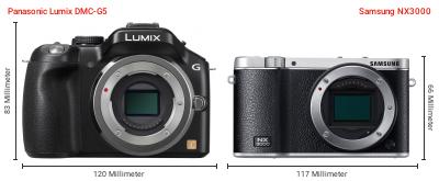 Größenvergleich: Panasonic Lumix DMC-G5 vs. Samsung NX3000 Größenvergleich: Panasonic Lumix DMC-G5 vs. Samsung NX3000