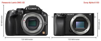 Größenvergleich: Panasonic Lumix DMC-G5 vs. Sony Alpha 6100 Größenvergleich: Panasonic Lumix DMC-G5 vs. Sony Alpha 6100
